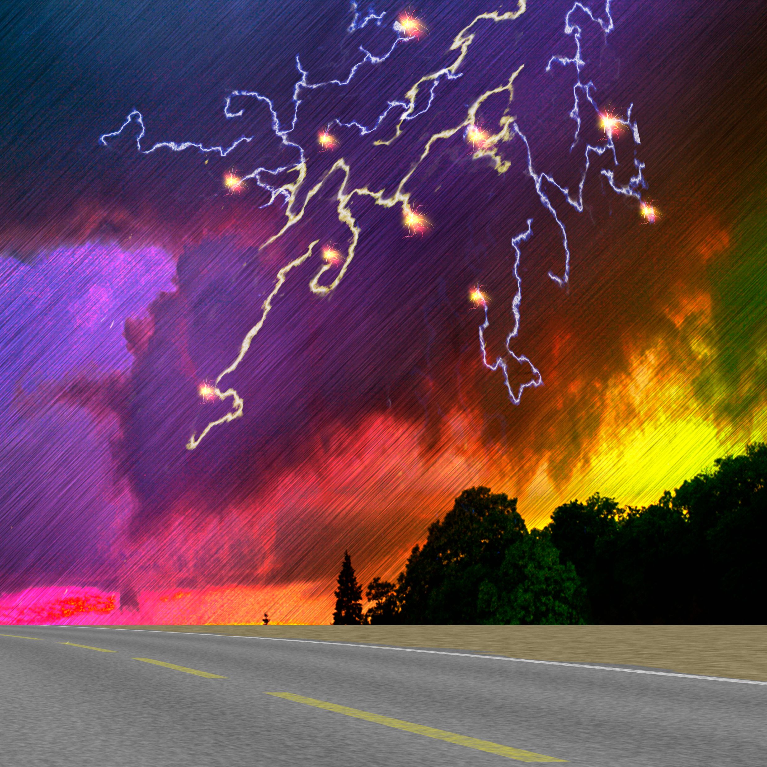 Landscape with road, silhouettes of trees, storm clouds and lightning