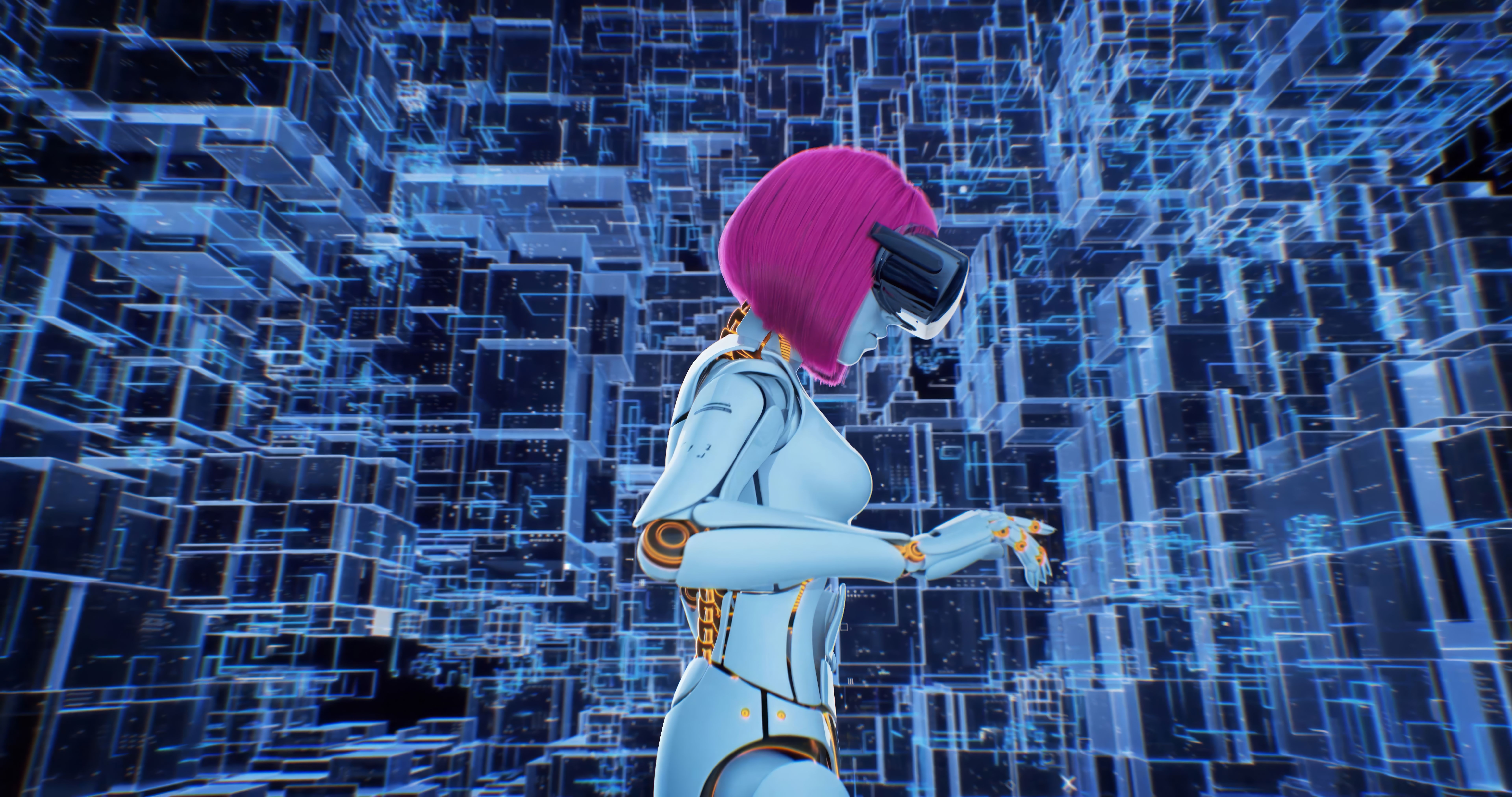 Pink-haired cyborg girl in VR glasses