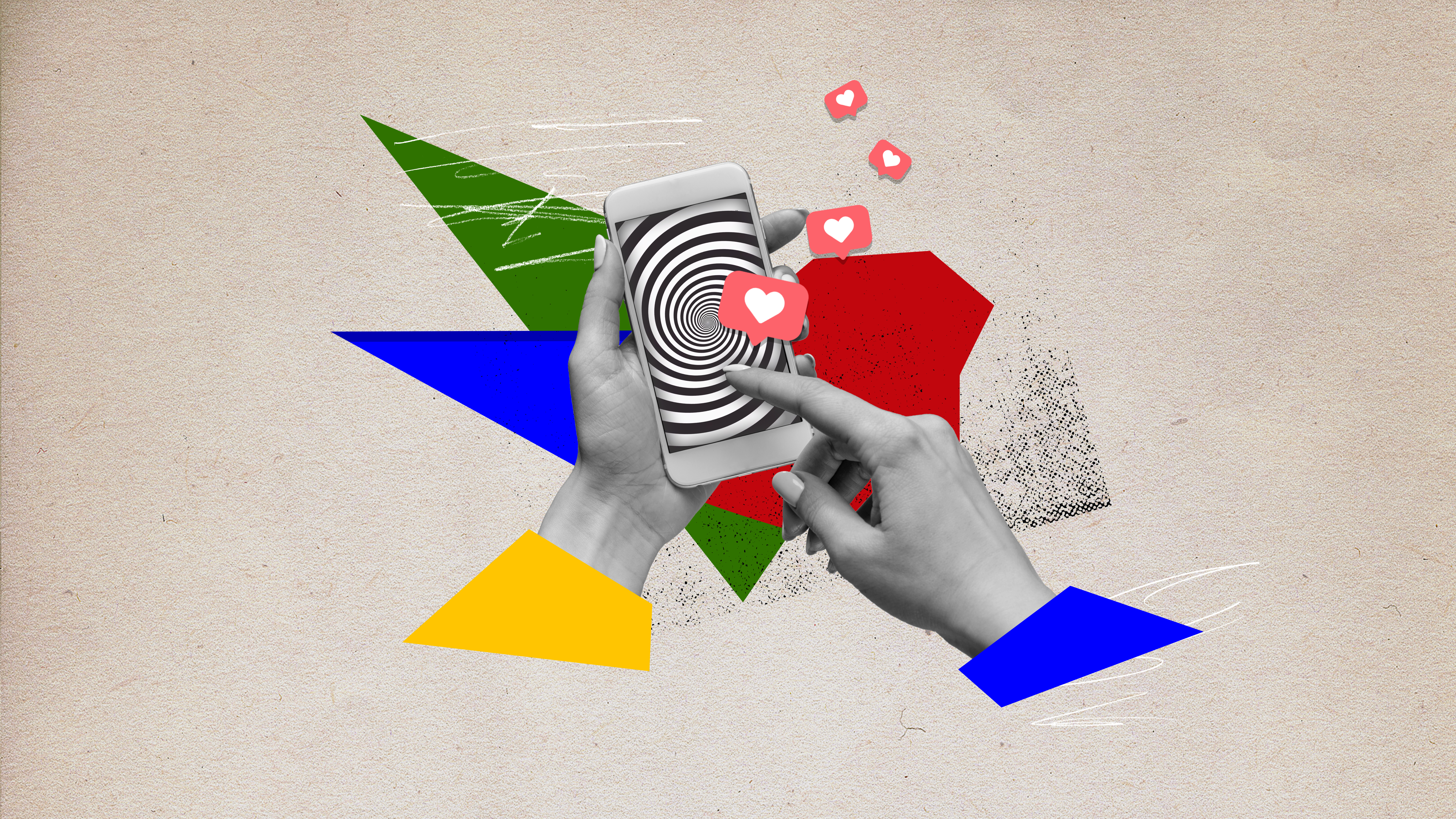 Human hands holding mobile phone with hypnotic screen. Many social media likes. Popularity and internet addiction. Contemporary art collage.