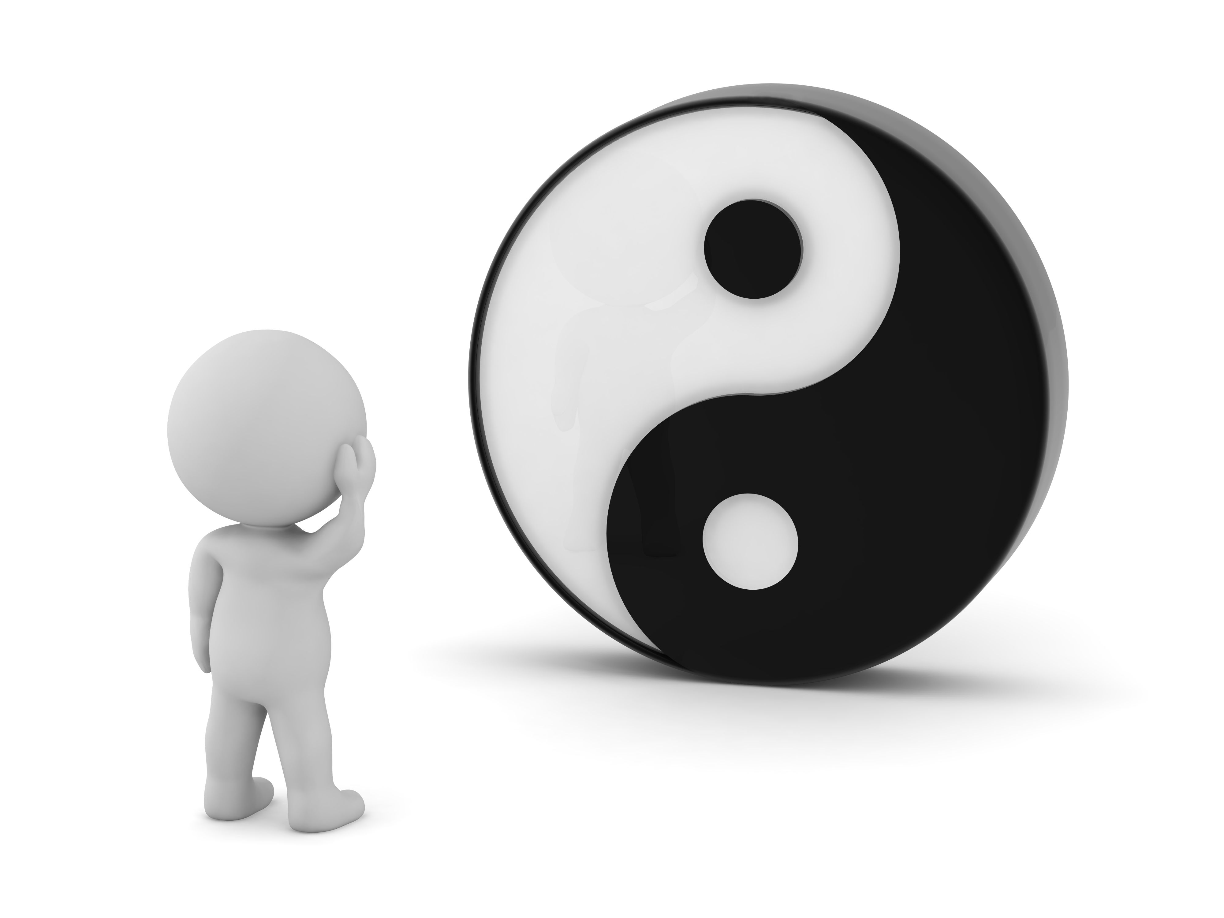Personagem 3D pensando no símbolo Yin Yang