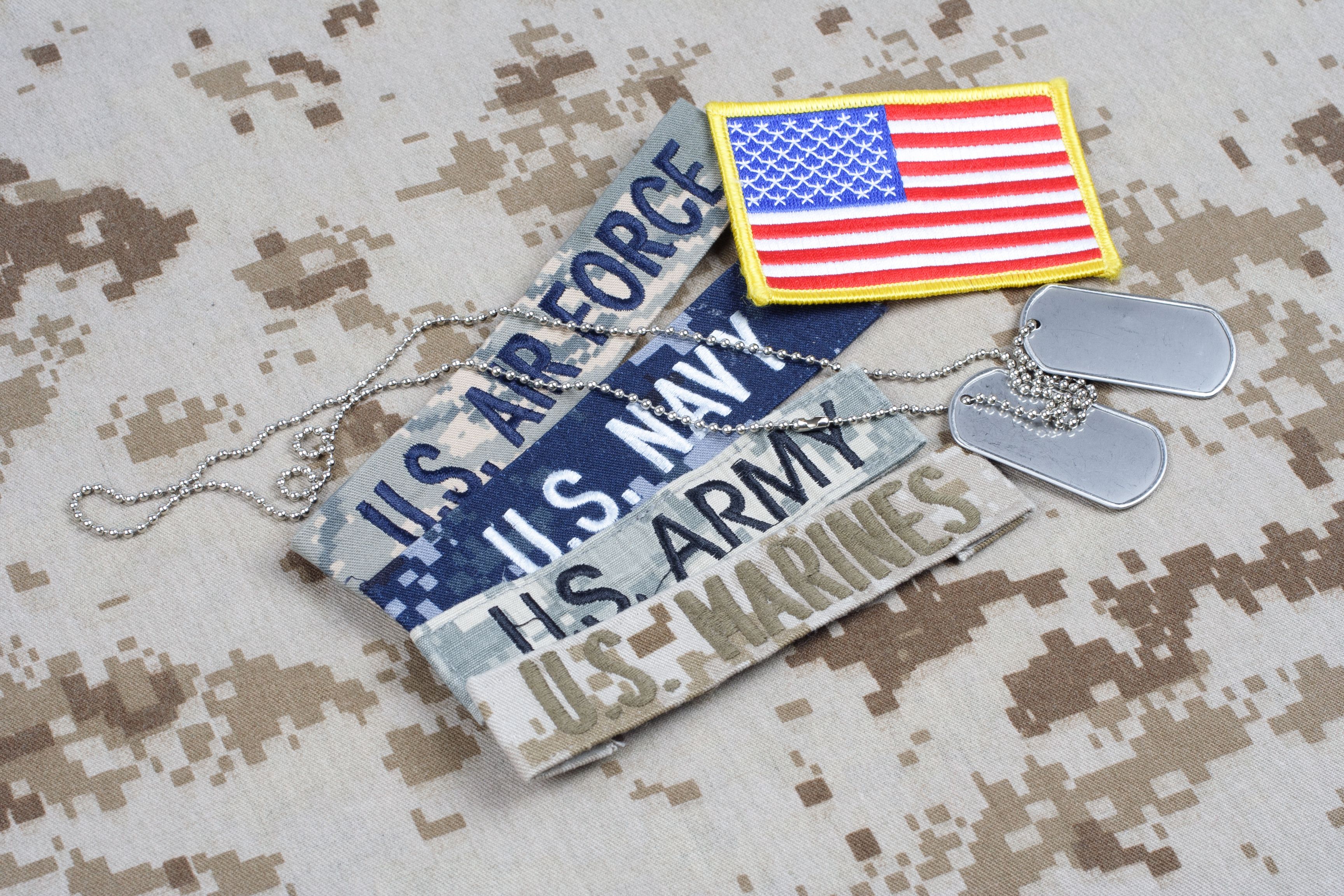 US MILITARY branch tapes and dog tags on camouflage uniform US MILITARY branch tapes and dog tags on camouflage uniform