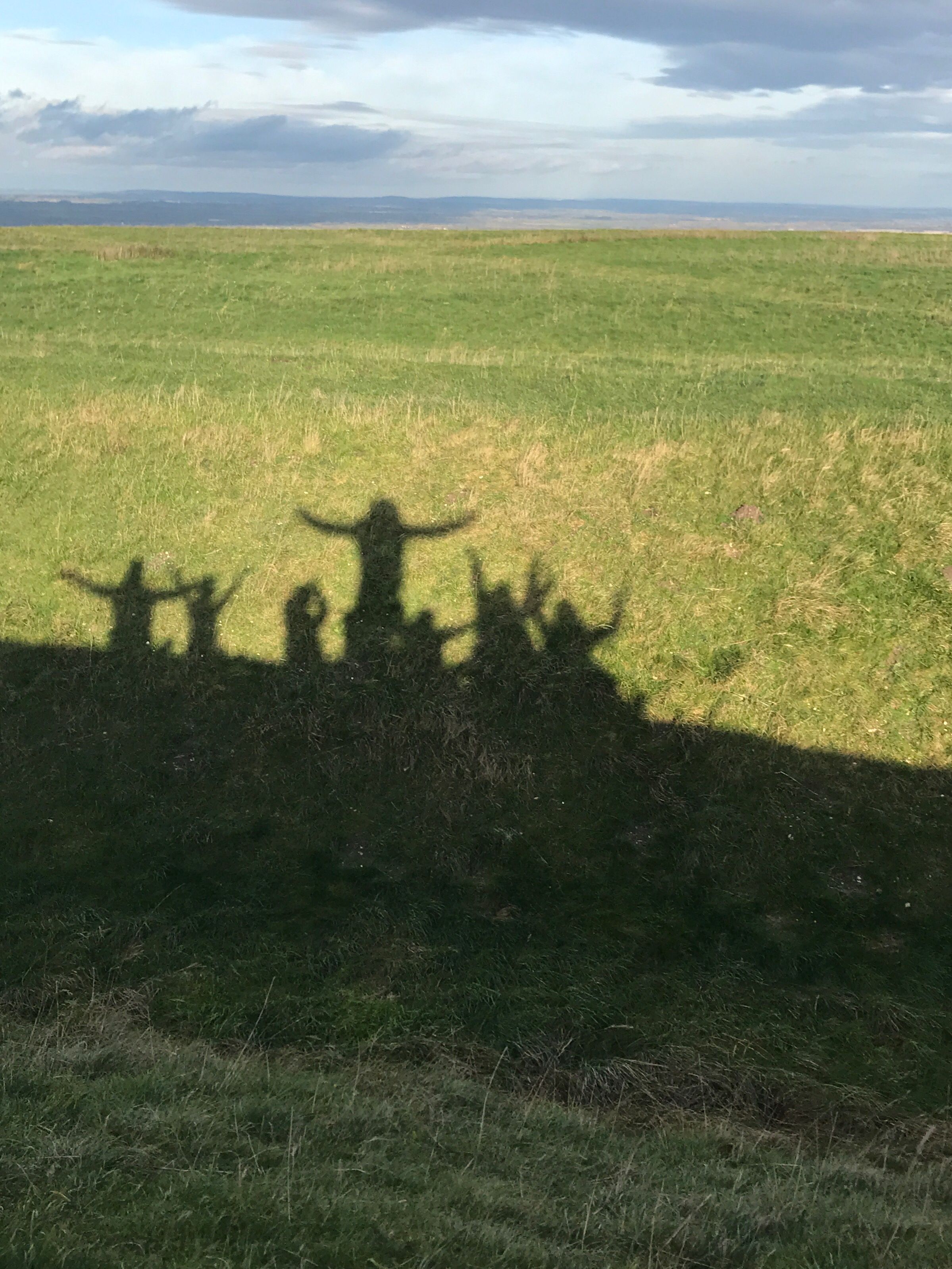 People shadows on a green grass landscape People shadows on a green grass landscape