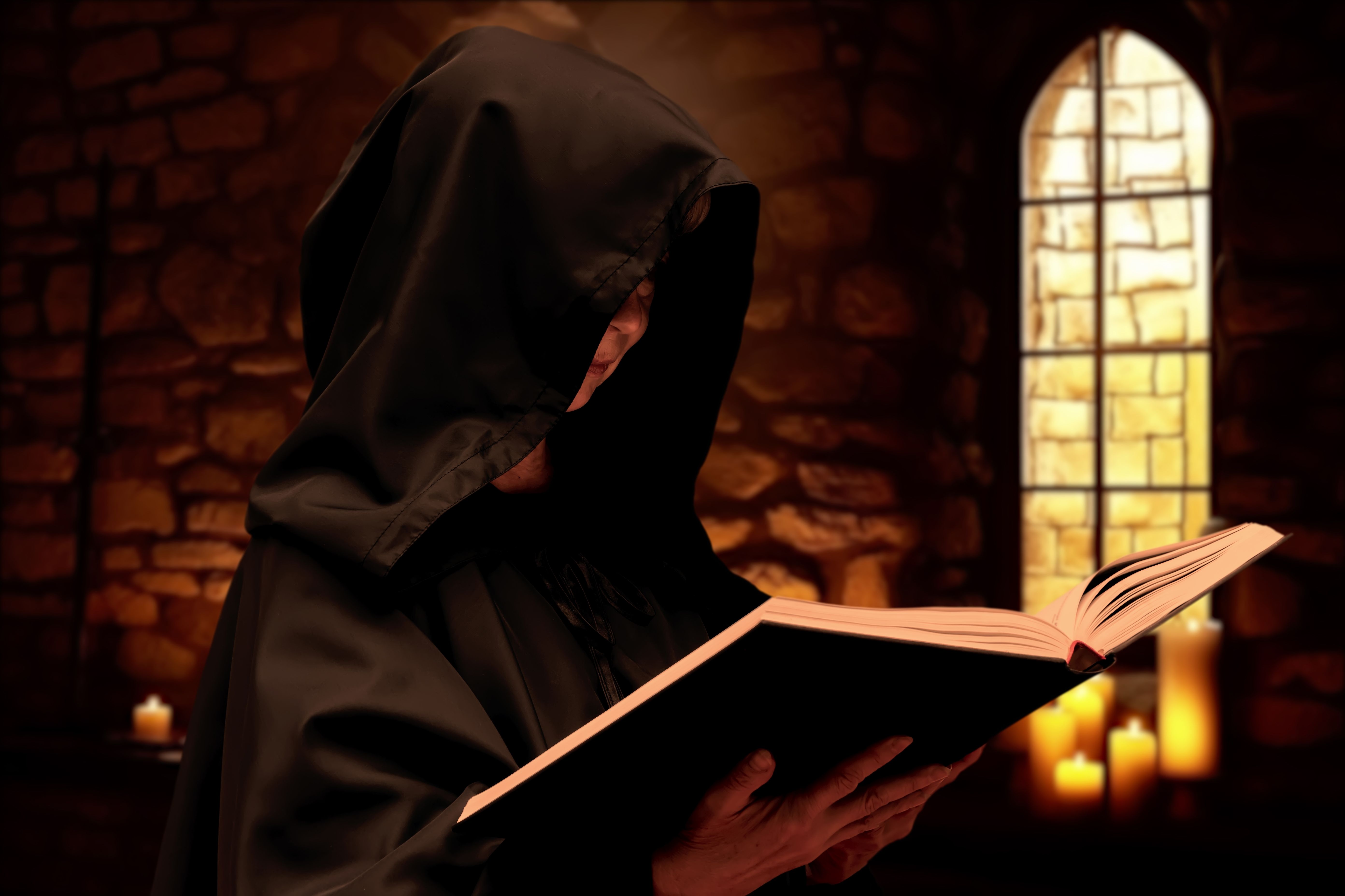 An elderly woman in a medieval look with a book in her hands.