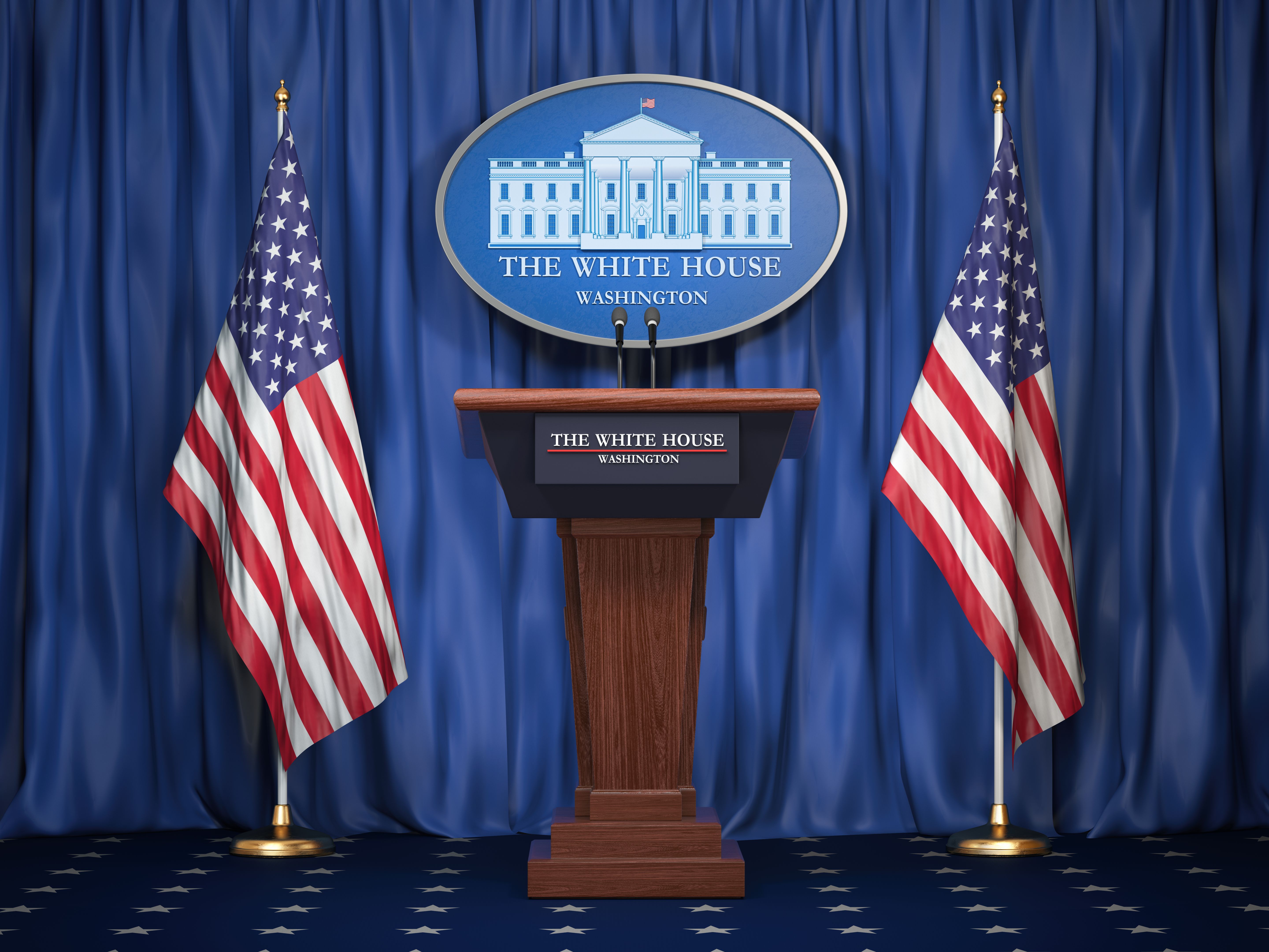 Briefing of president of US United States in White House. Podium speaker tribune with USA flags and sign of White Houise. Politics concept. Briefing of president of US United States in White House. Podium speaker tribune with USA flags and sign of White Houise. Politics concept.