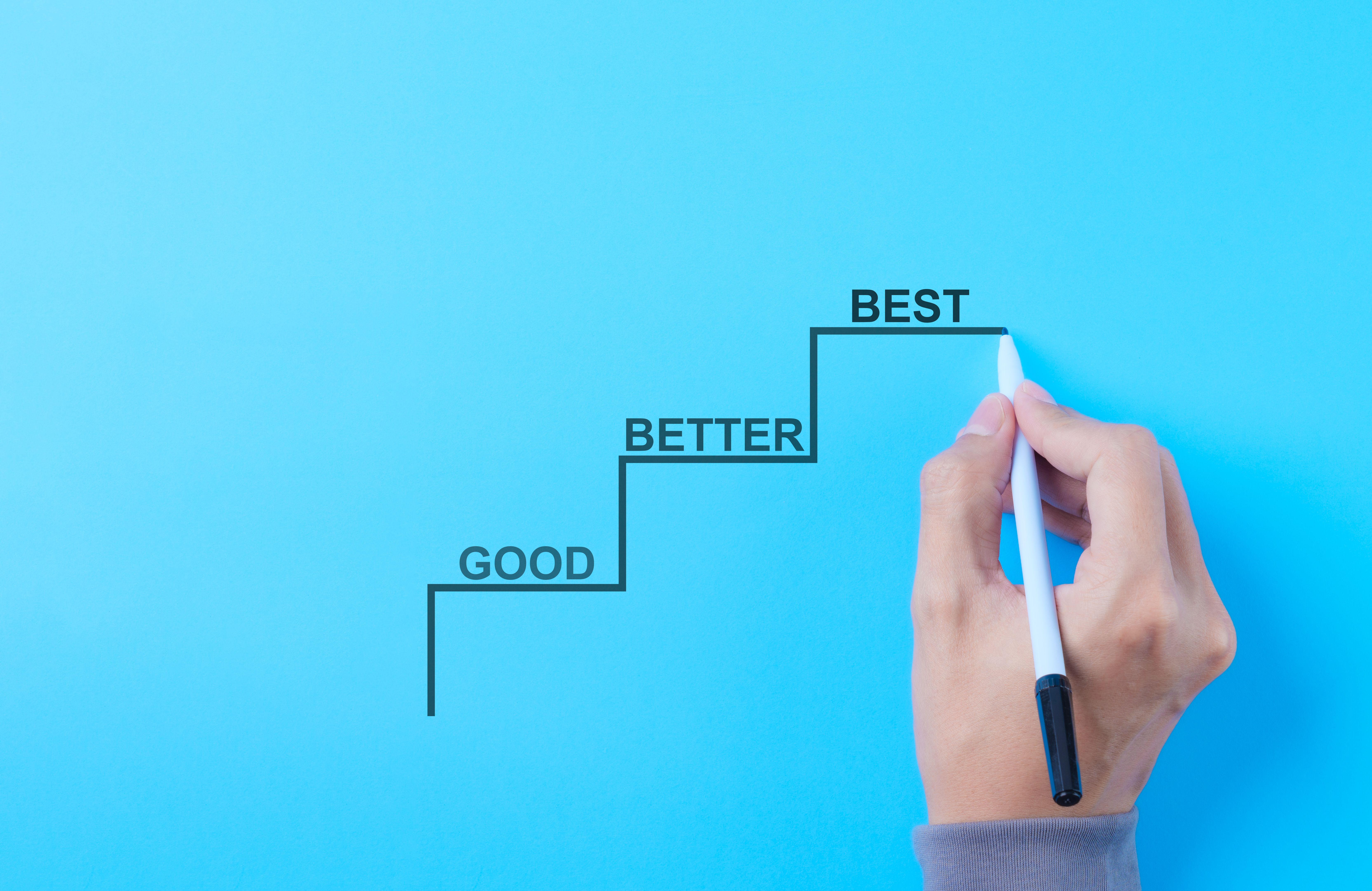 Good to better to best improvement concept. A hand draws steps Good to better to best improvement concept. A hand draws steps