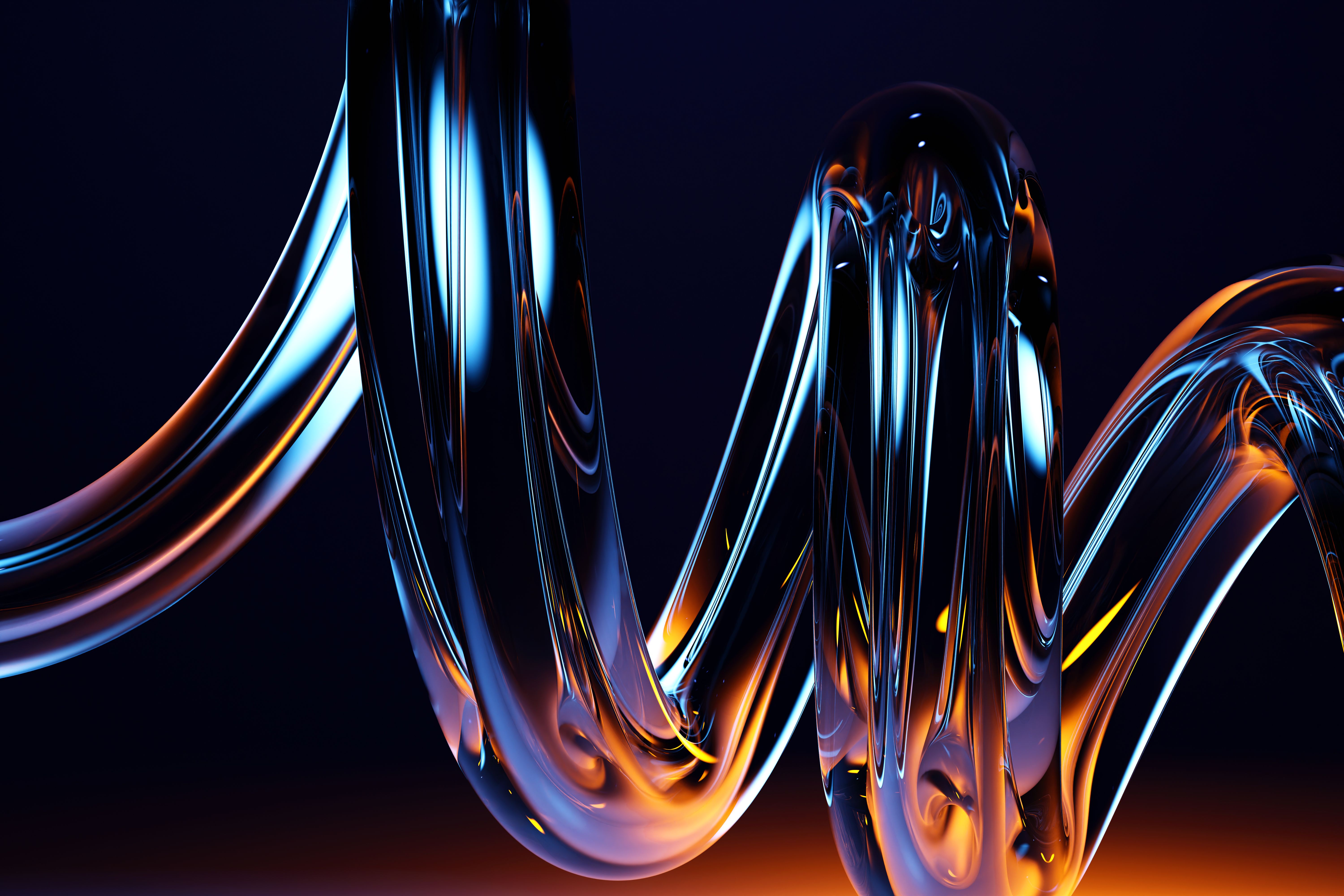 3d abstract liquid glass holographic transparent wave line on dark blue background. Chromatic spiral swirl, rainbow fluid flow with neon light gradient. Futuristic digital tech render