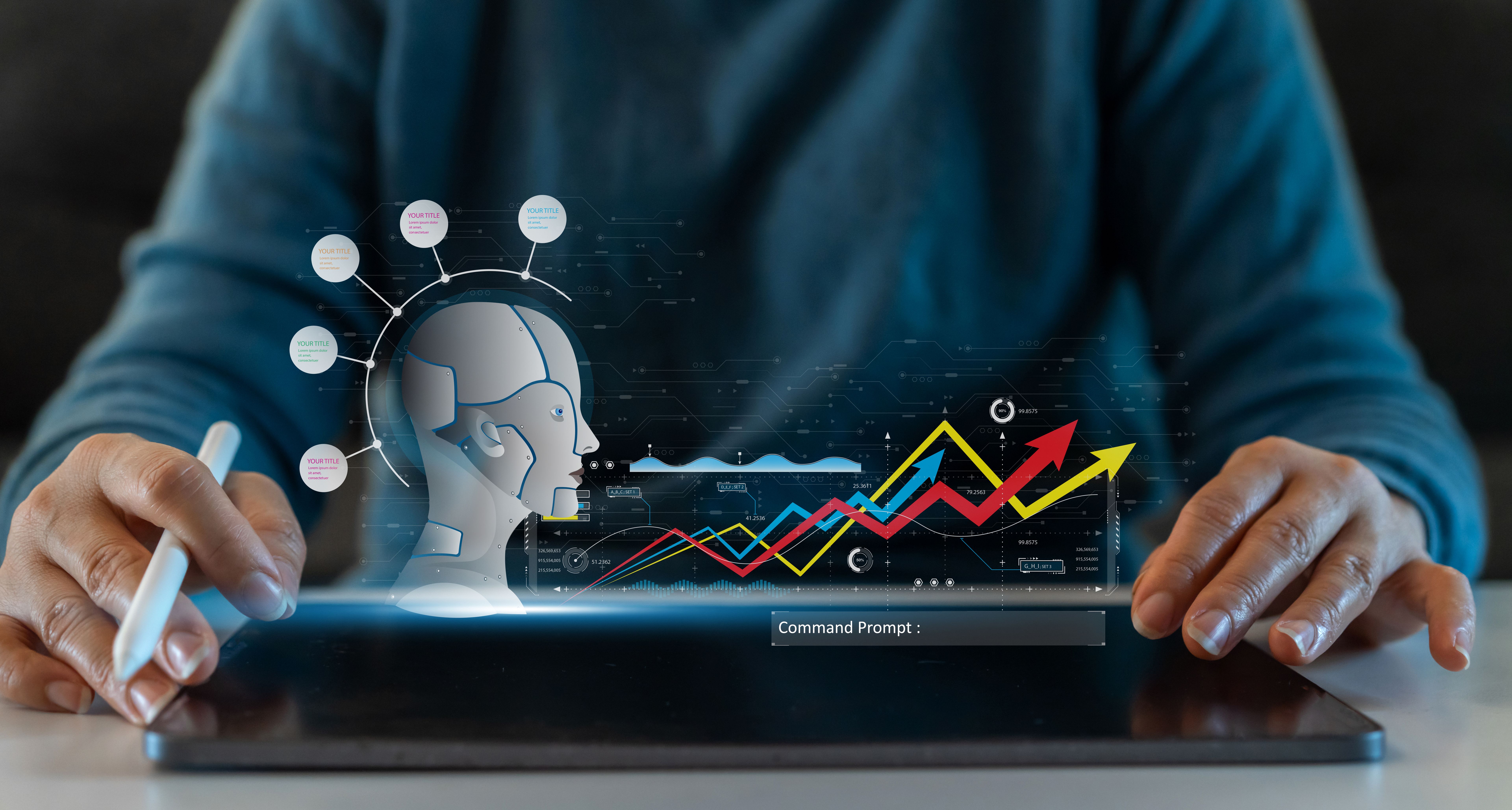 Business people use tablet with digital technology future smart robot AI network bigdata, chat with AI ,network, technology transformation, Artificial Intelligence internet.Ai robot and technology