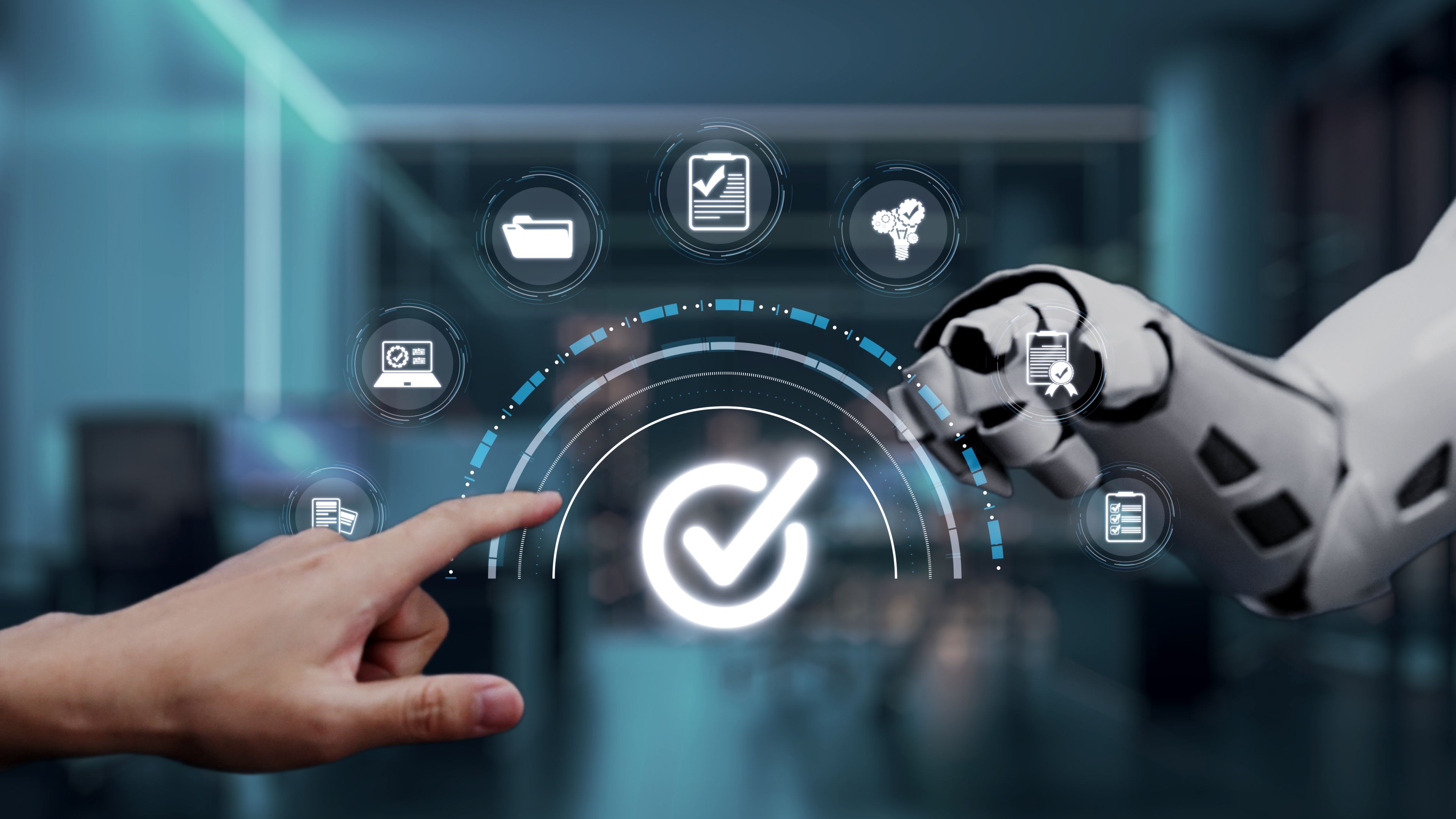 Human Hand Interacting with Robotic Hand and Digital Interface in Modern Office Setting Representing Future Technology and Automation Concepts. Auvana Human Hand Interacting with Robotic Hand and Digital Interface in Modern Office Setting Representing Future Technology and Automation Concepts. Auvana