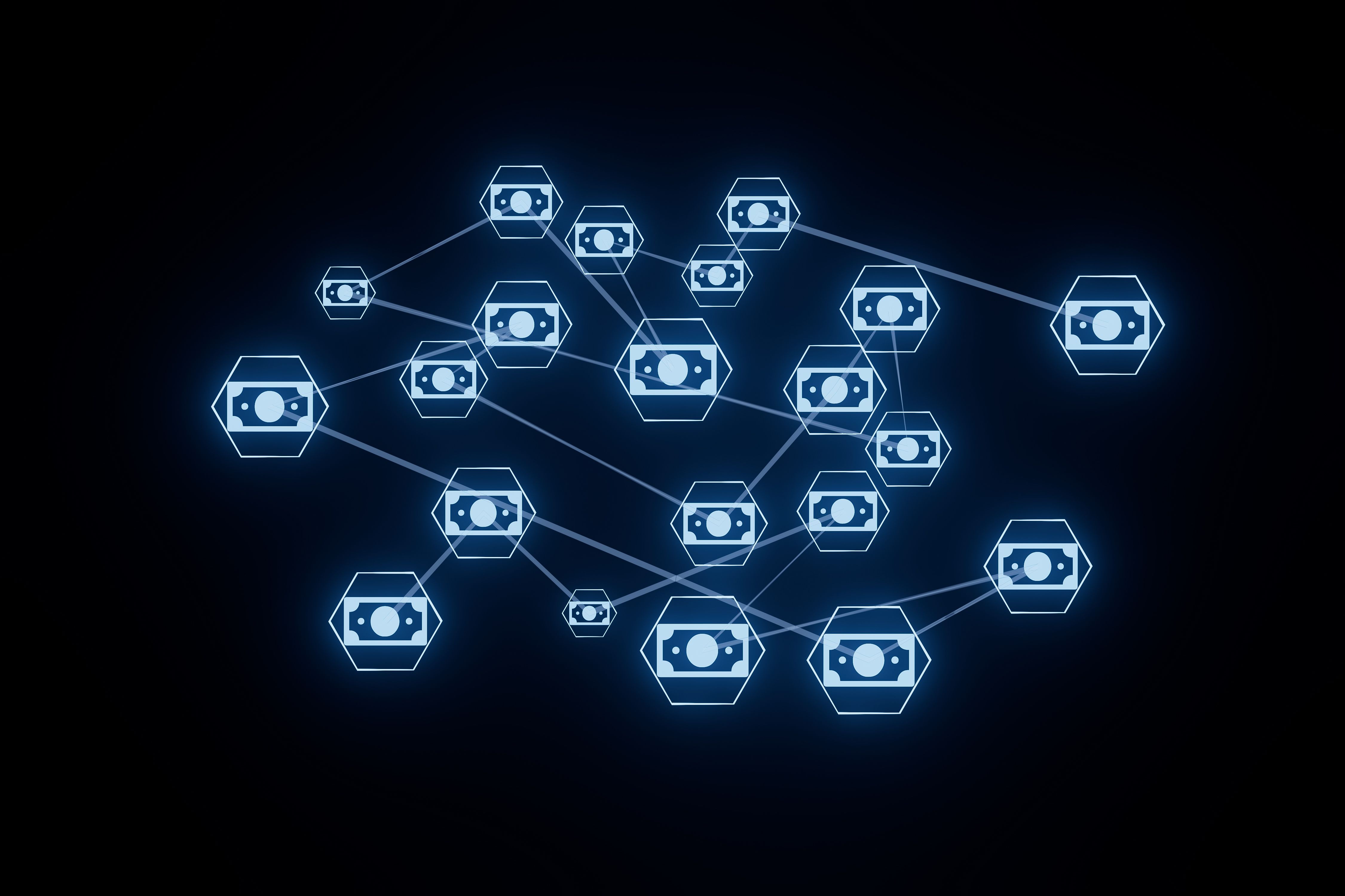 Digital connections form a network of currency icons in a dark space