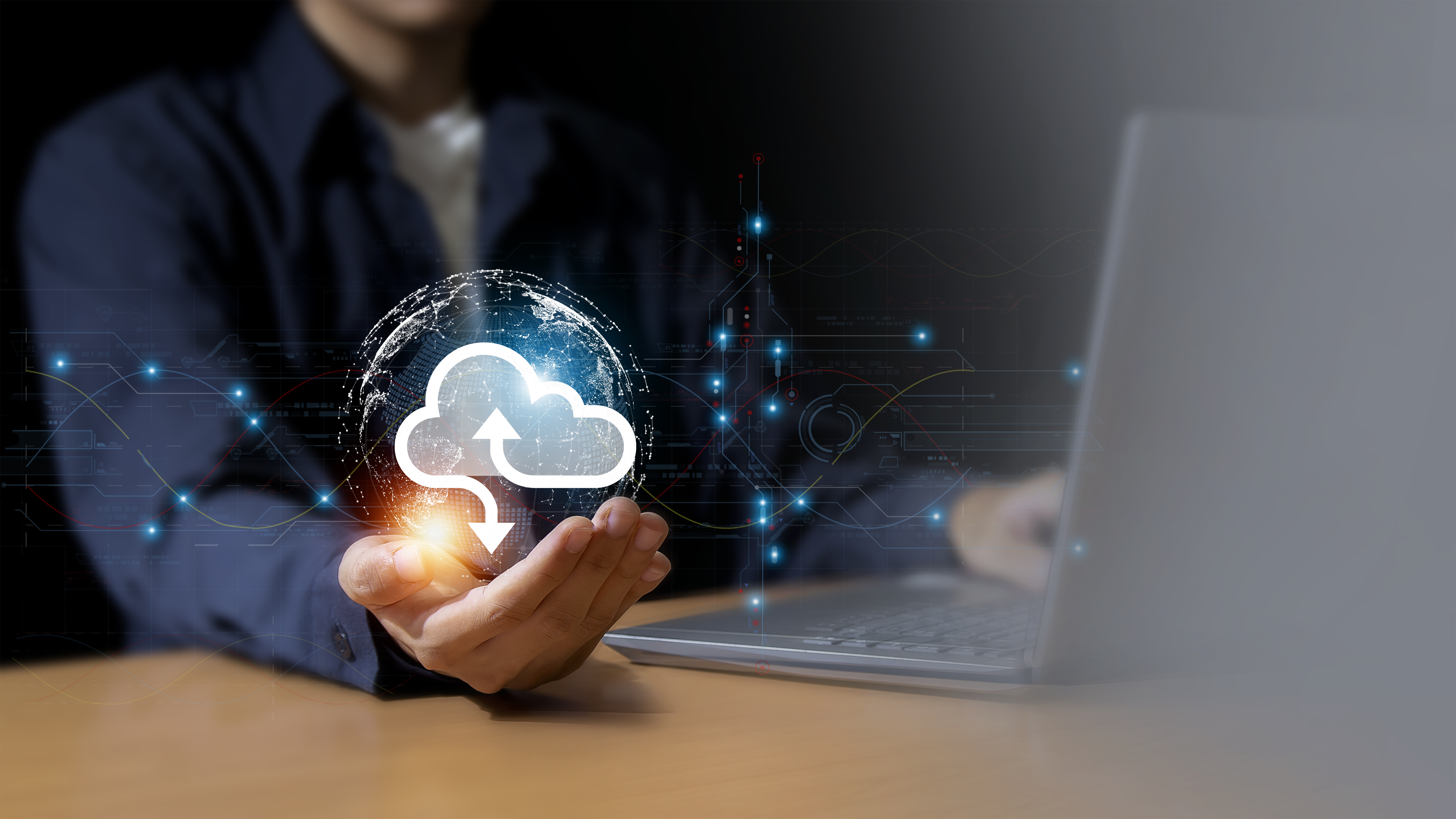 cloud computing shown in hand cloud technology data storage, data transfer, network and internet service concept, internet storage network technology