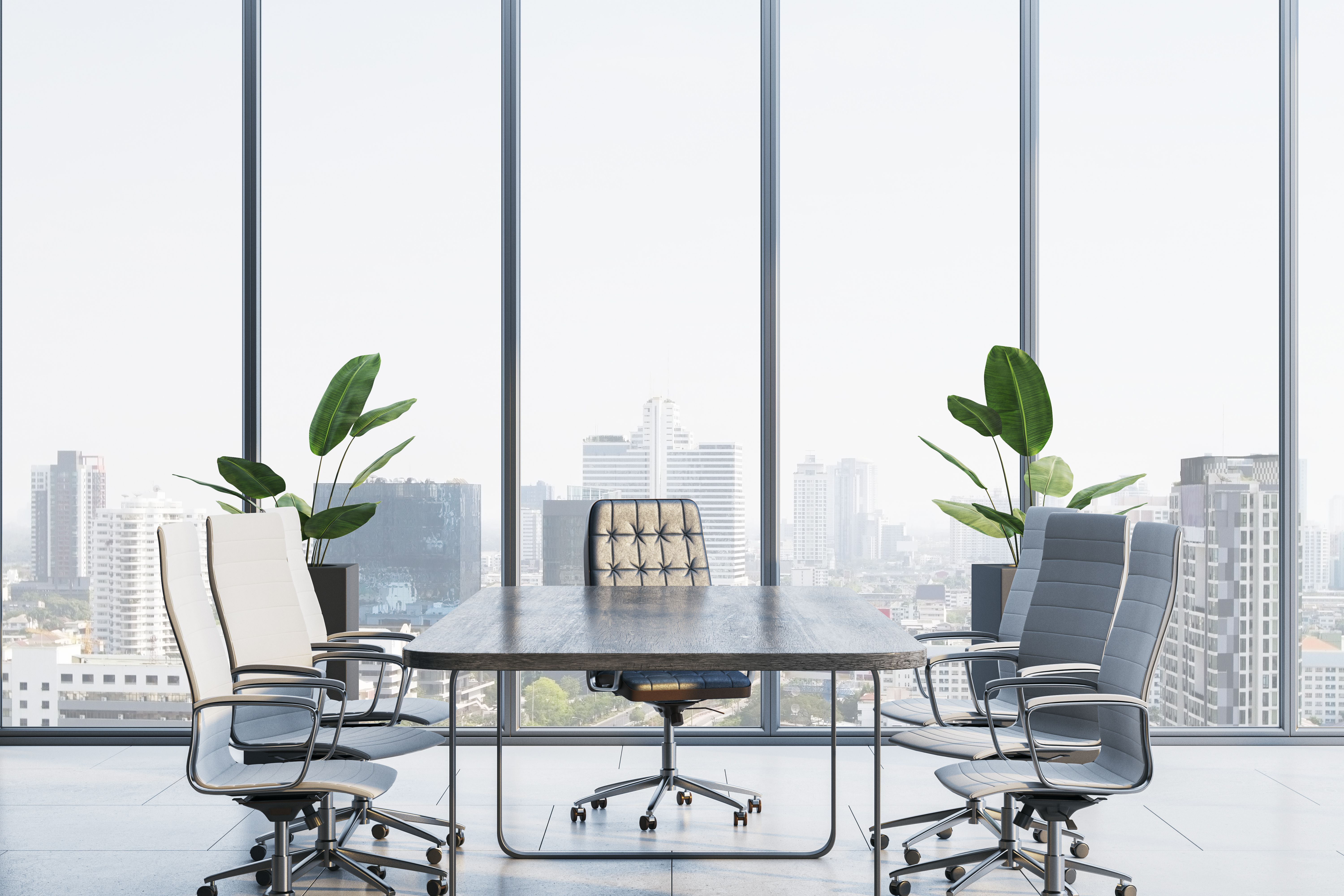 Modern conference room interior with executive desk and chairs, panoramic city view through tall windows and minimalist corporate design. 3D Rendering