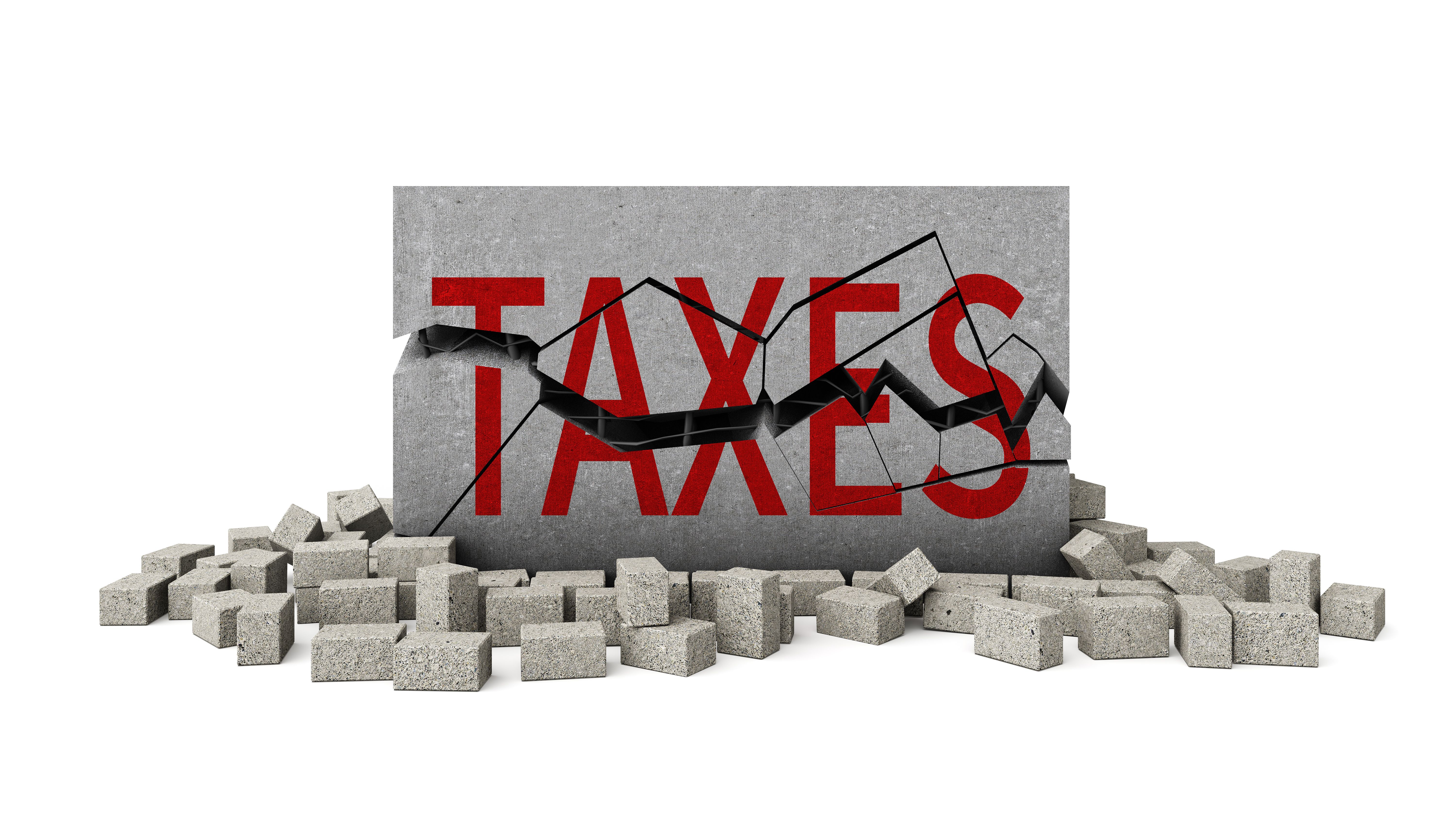 Tax payment or Tax Evasion legal of financial individual income tax. The word taxes is red on concrete wall. Import duty. object clipping path. Cracked concrete on white background. 3D Illustration.