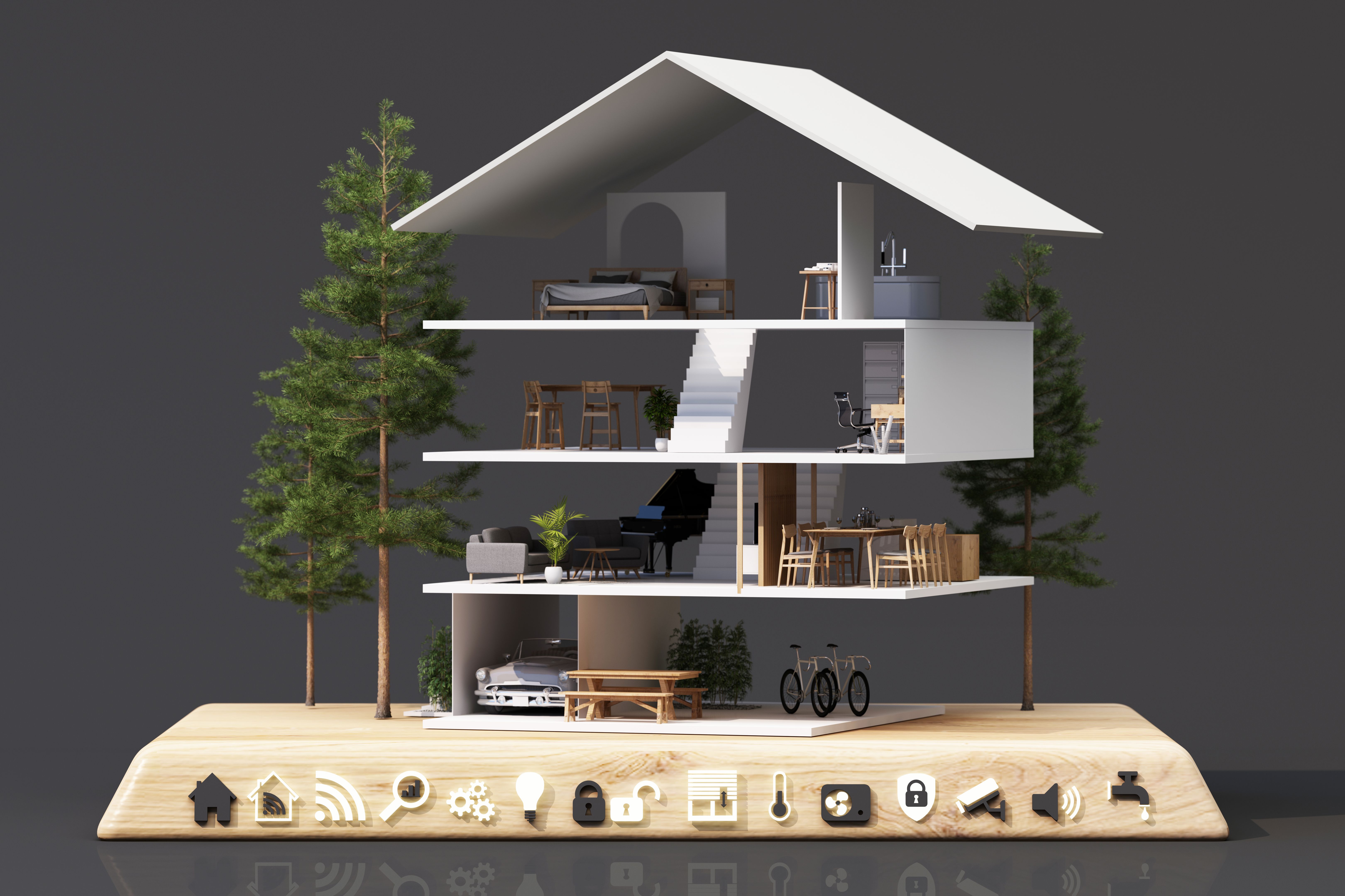Modern smart home cross section with multiple floors, showcasing of technology and natural elements. The futuristic interface automation, security, and connectivity in a living space. 3d rendering.