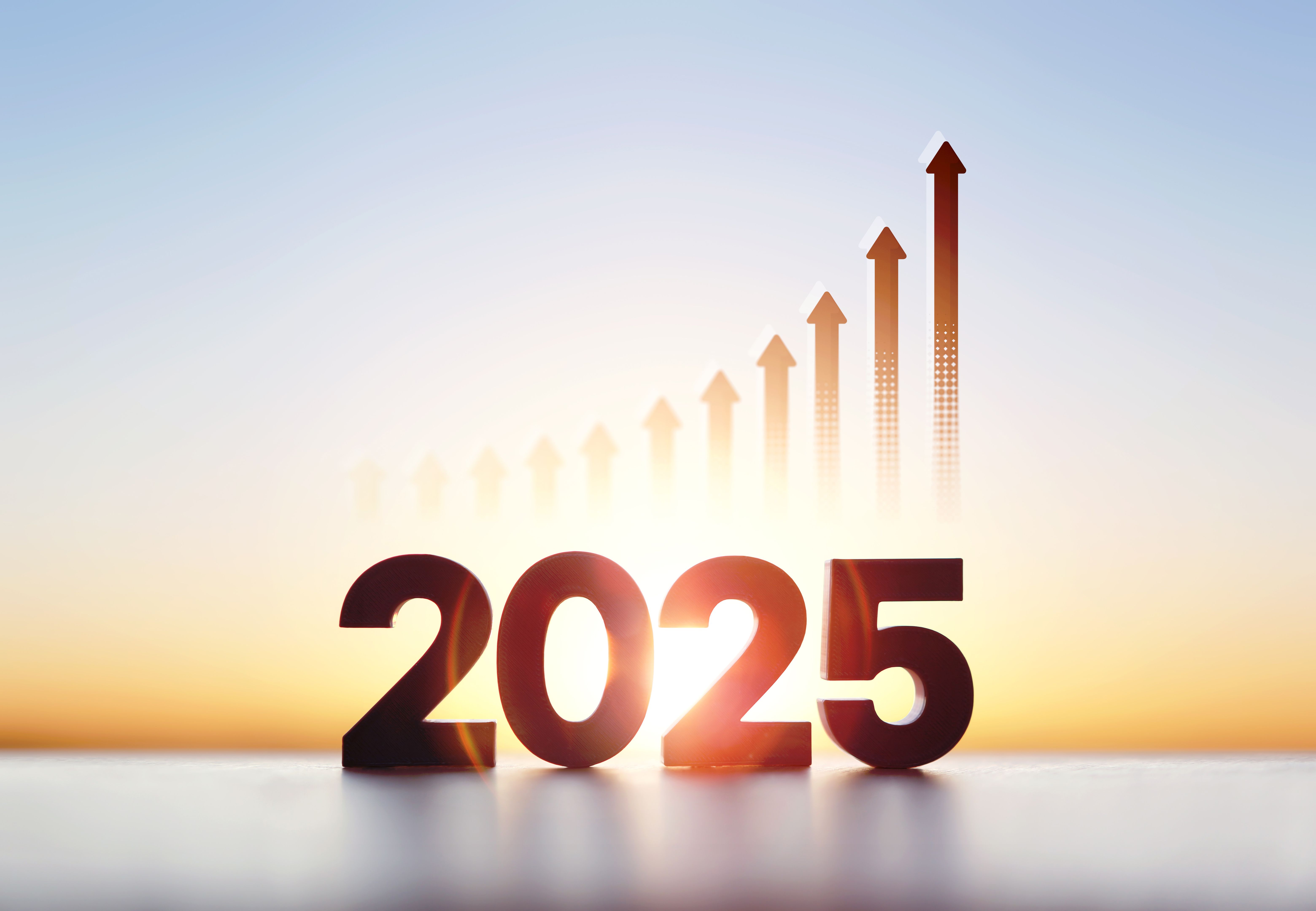 Rising arrow graph and rising sun 2025 new year sunrise, stock finance economy industry growth investment goal concept Rising arrow graph and rising sun 2025 new year sunrise, stock finance economy industry growth investment goal concept
