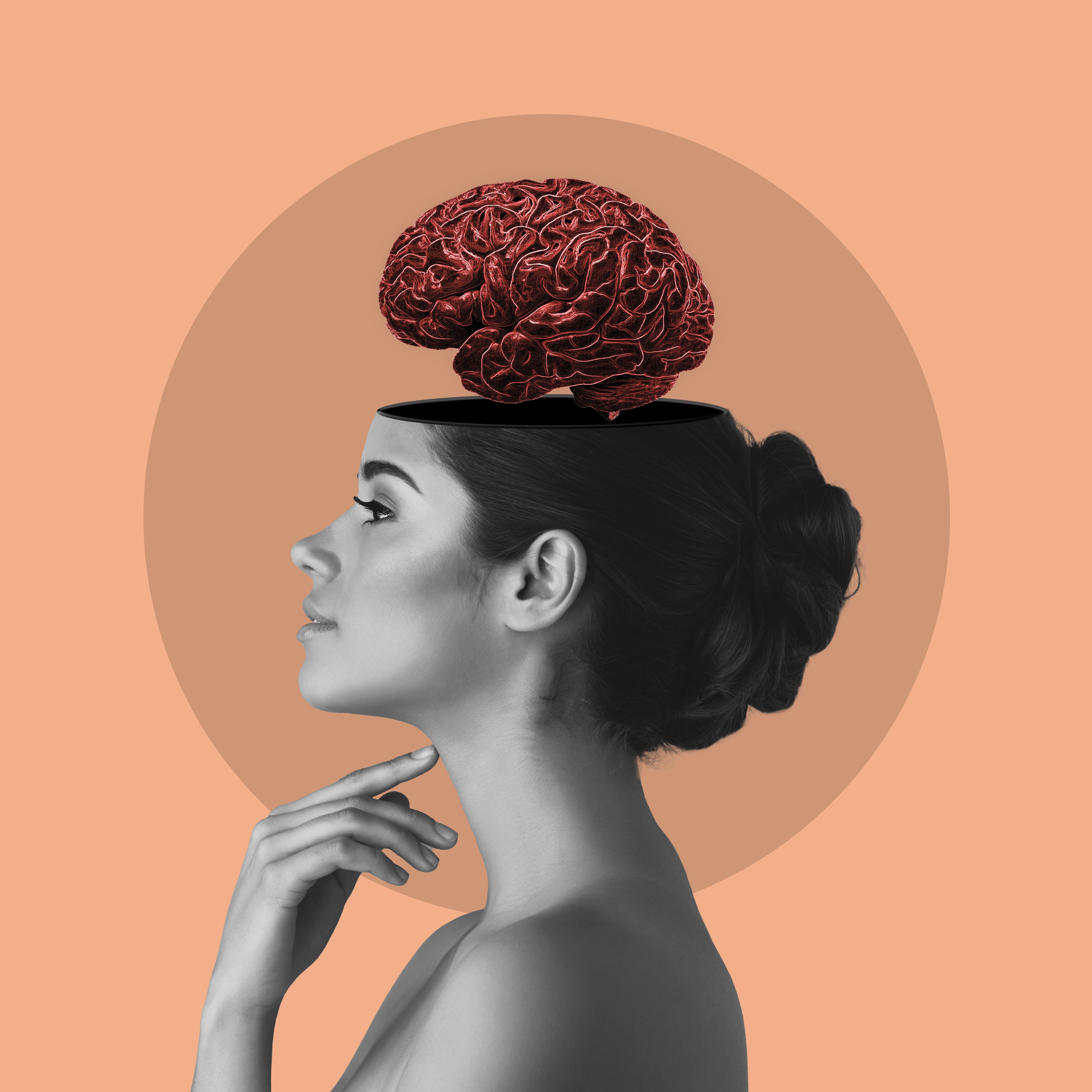 Digital art, thinking and profile of woman brain on orange background with ideas, inspiration and innovation. Creative mind, psychology and face of girl for intelligence, brainstorming and knowledge