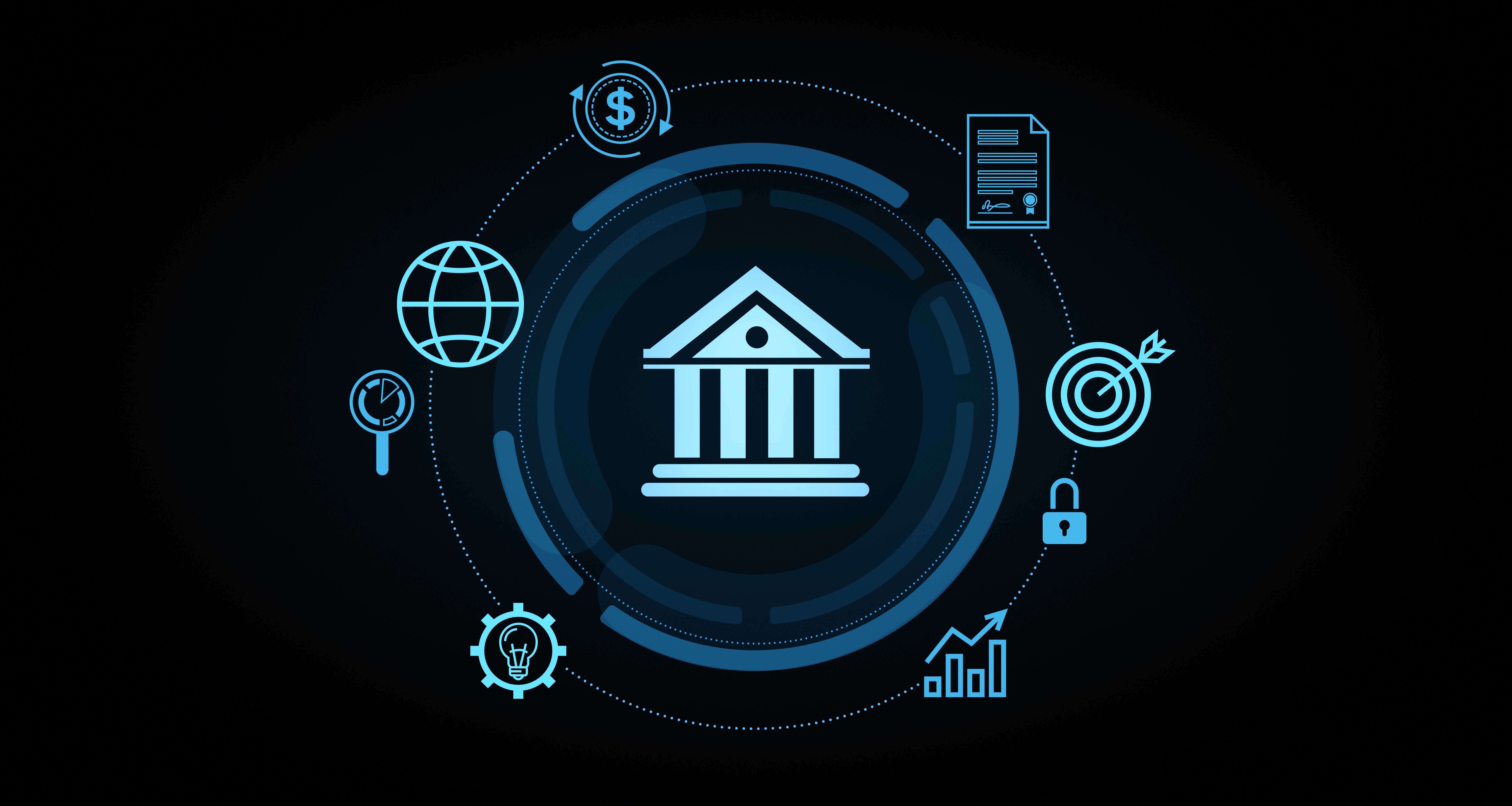 Digital banking concept with financial and technology icons. 3D Rendering