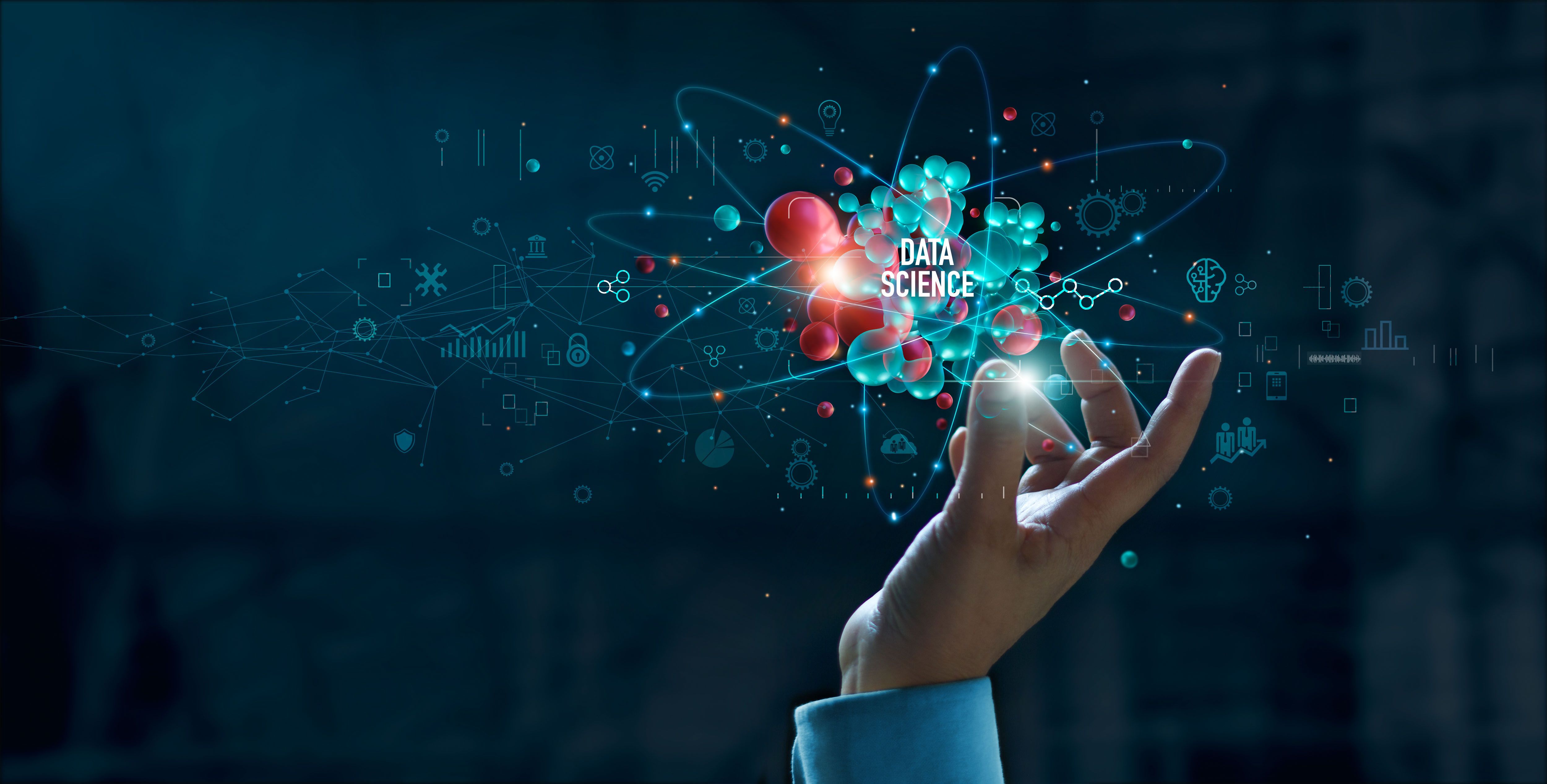 Data scientists. Hand of programmer touching and analyzing development at various information on interface. Big Data.  Algorithm. Business marketing and deep learning of artificial intelligence.