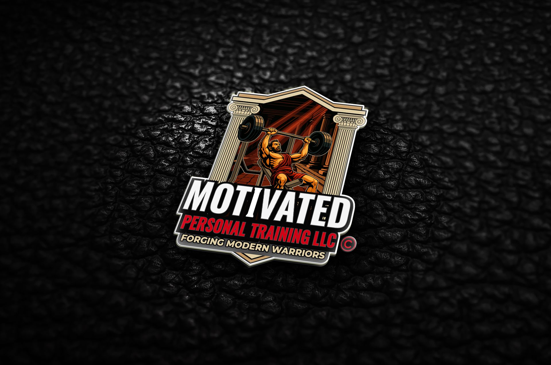 Logo of Motivated Personal Training LLC with a warrior lifting weights between pillars.