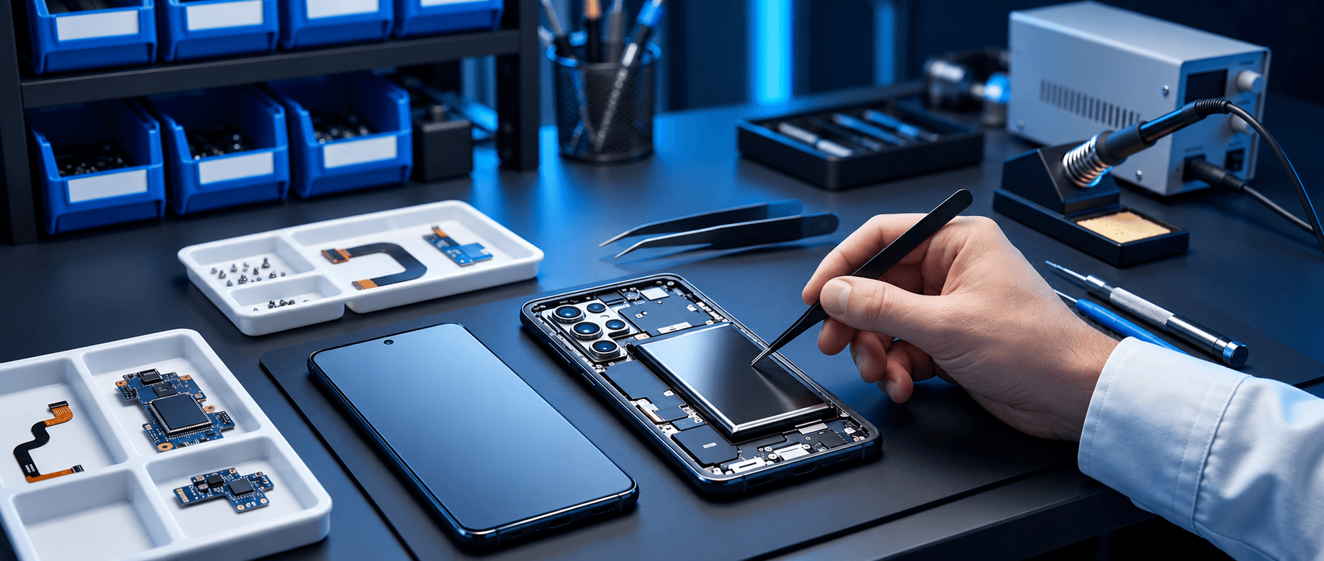 Premium Samsung repairs with genuine Samsung parts: phone and replacement components on a repair bench