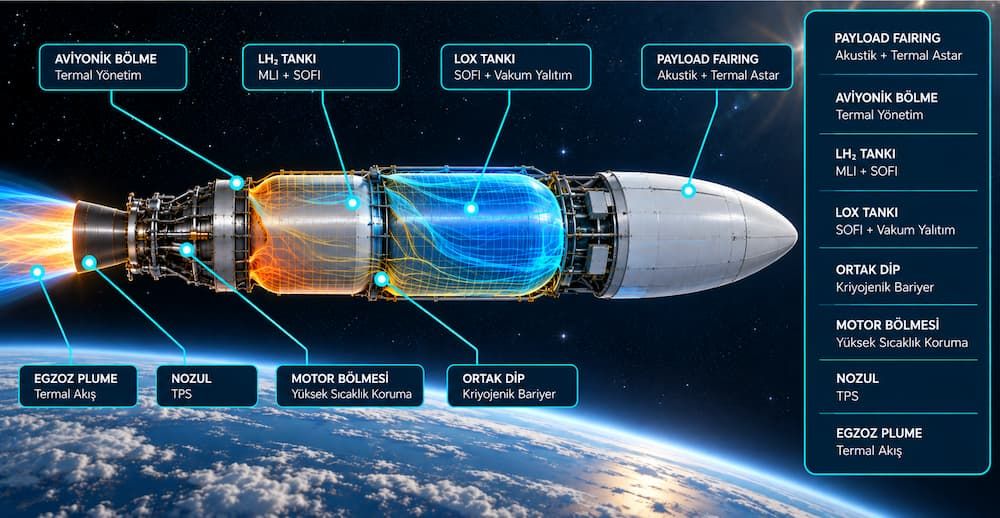 Fırlatma aracı infografiği: LH₂ tankı MLI ve SOFI, LOX tankı SOFI ve vakum, ortak dip kriyojenik bariyer, aviyonik termal yönetimi, faydalı yük kaportası, motor bölmesi, nozül TPS ve egzoz ısıl akışı