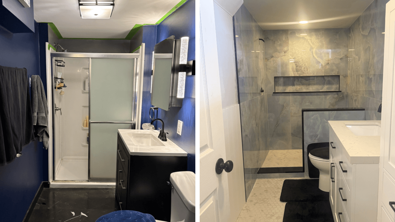 Before and after bathroom remodel by Urban Edge Construction in Cedar Rapids, Iowa — custom tile shower transformation