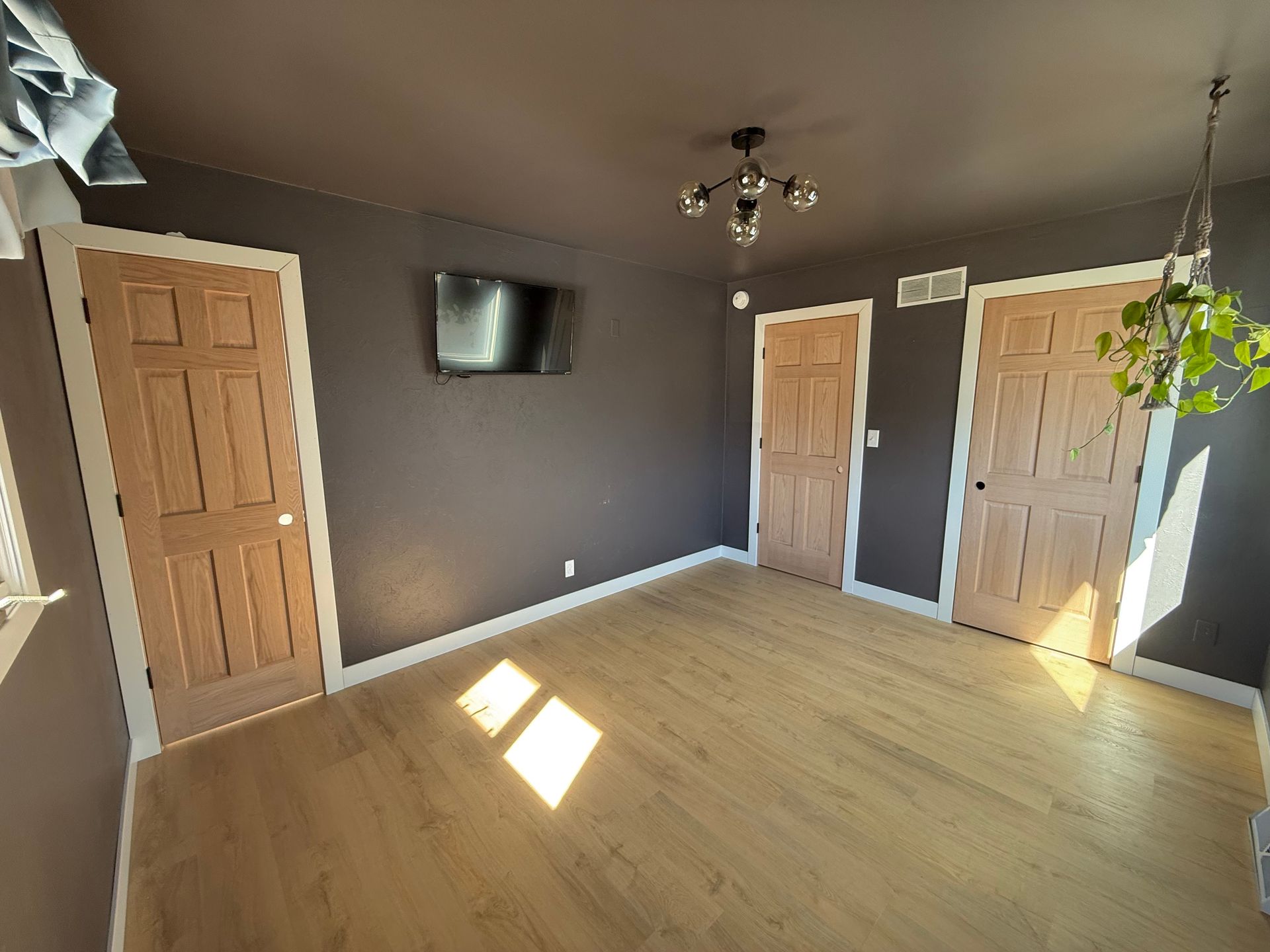 Luxury vinyl plank flooring in a Cedar Rapids home with charcoal walls and oak doors