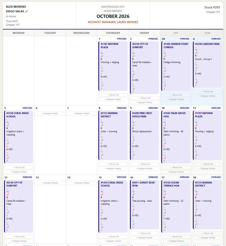 GreenOps monthly crew calendar with jobs per day, truck and account manager (demo data)
