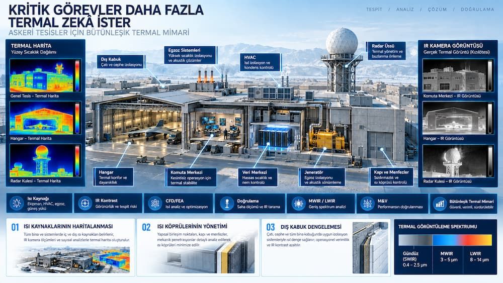 Askerî tesisin termal harita ve IR kamera karşılaştırması; hangar, komuta merkezi, veri merkezi, jeneratör, HVAC, radar kulesi, çatı, kapı ve menfezlerin termal yönetim alanları