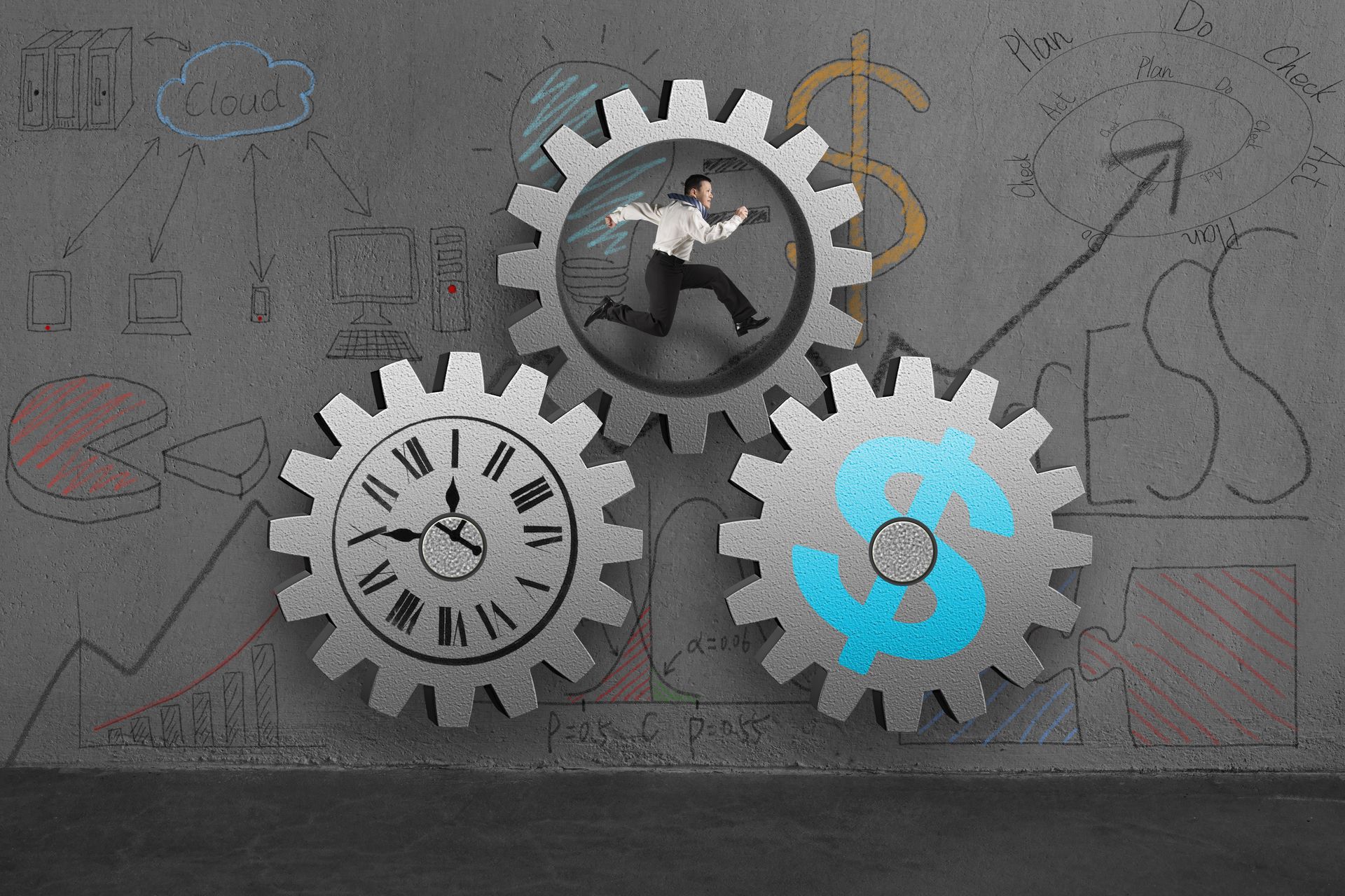 Businessman running inside concrete gears with doodles on wall Businessman running inside concrete gears with doodles on wall