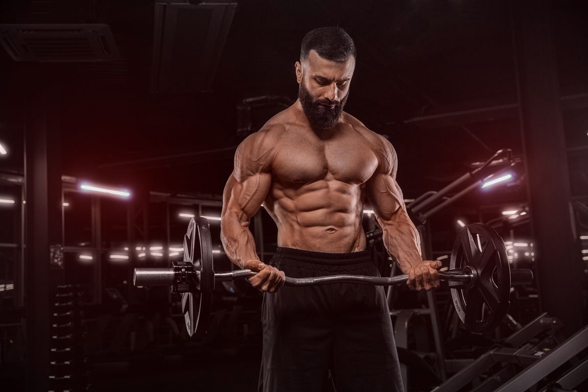 Handsome man with big muscles, posing at the camera in the gym