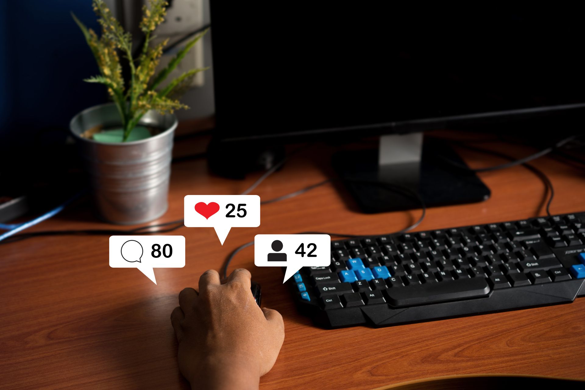 A man using his computer for social media interaction. Social media marketing concept. 