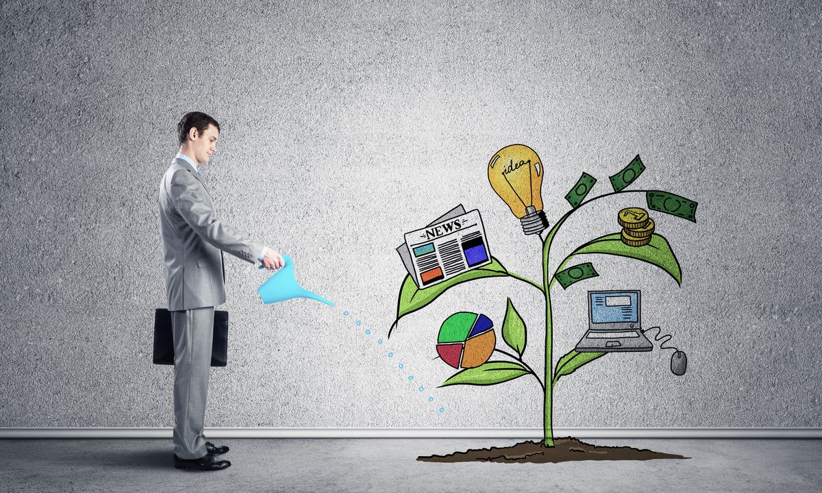 Investor watering drawing green sprout consisted of infographic symbols. Professional consultation and assistance services. Business idea generation and development. Financial donation and help.