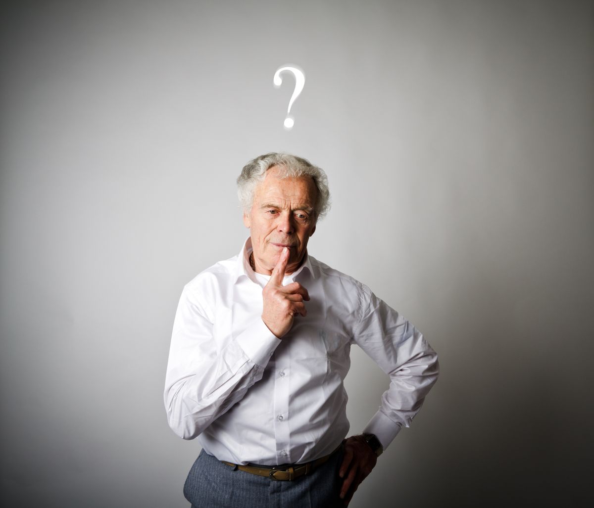 Old man is full of doubts and hesitation. Old man and question mark above head.