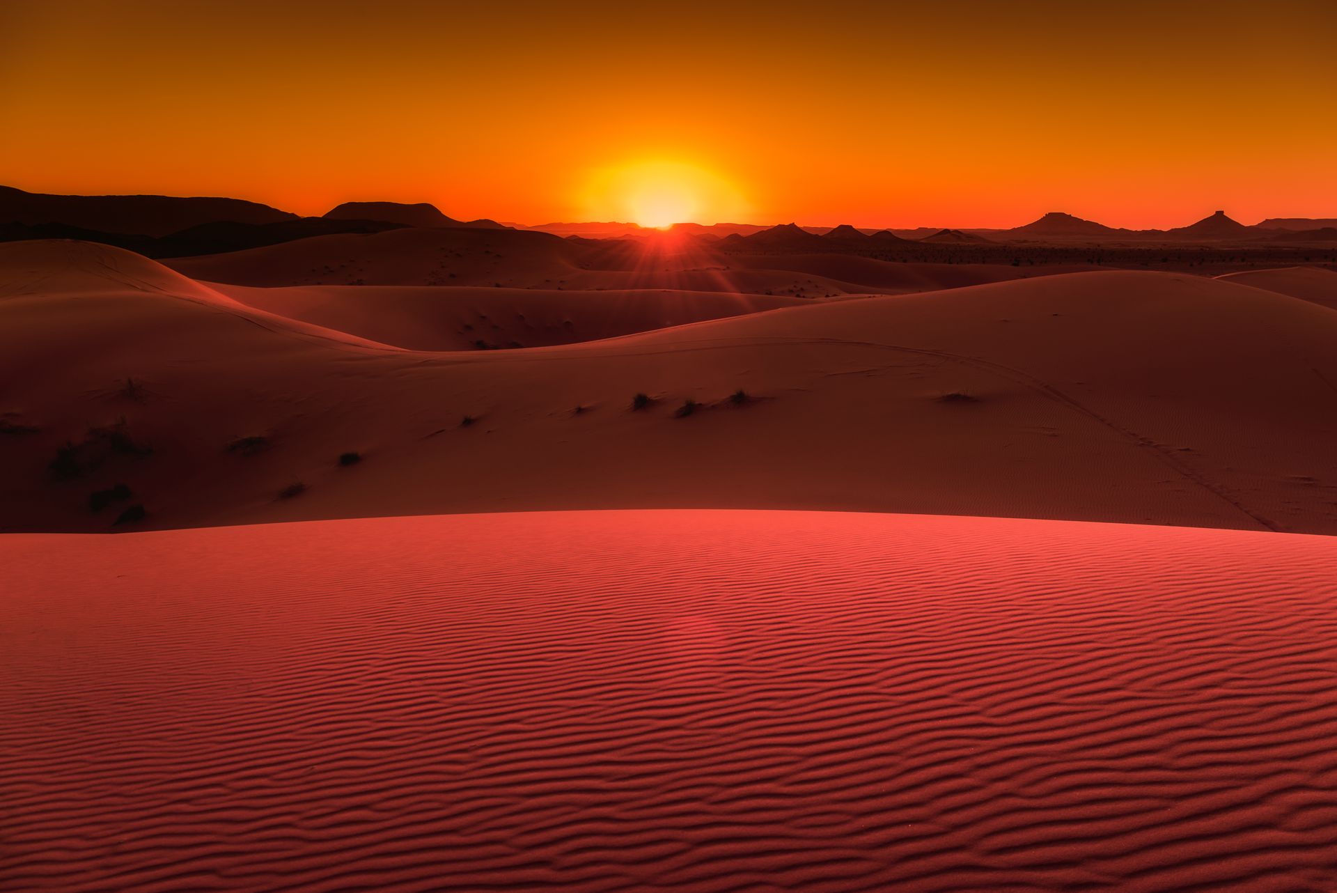 Sunset in the dunes of Erg Chebbi, Sahara Desert, Morocco