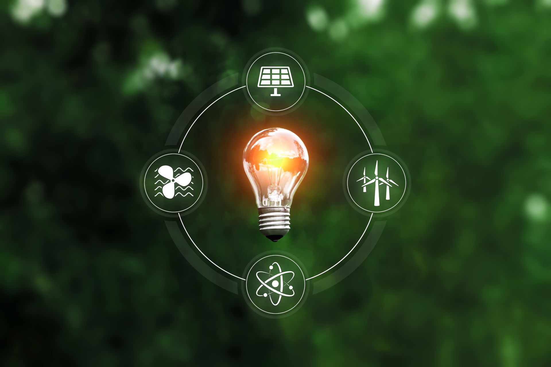 Creative background, Electric amp on a background of green nature with icons of clean energy sources. The concept of endless energy sources, environmentally friendly sources of electricity. Creative background, Electric amp on a background of green nature with icons of clean energy sources. The concept of endless energy sources, environmentally friendly sources of electricity.