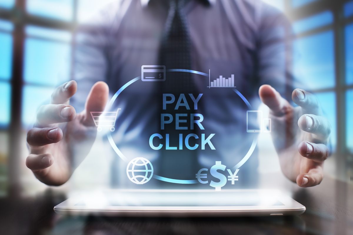 business man using modern tablet computer. Pay per click concept. business tehnology and internet concept.