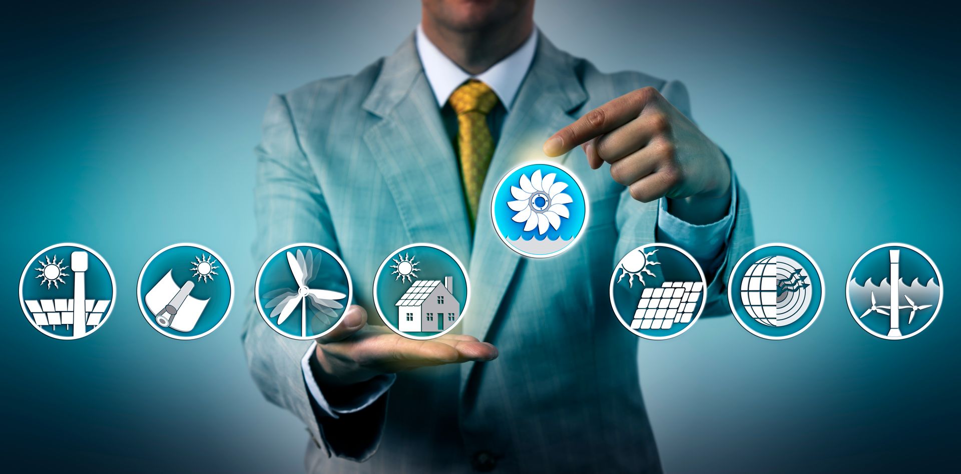 Corporate manager selecting hydropower in a lineup of renewable energy resources. Industry and technology concept for water power generation, sustainability, hydroelectricity, environmental concerns. Corporate manager selecting hydropower in a lineup of renewable energy resources. Industry and technology concept for water power generation, sustainability, hydroelectricity, environmental concerns.