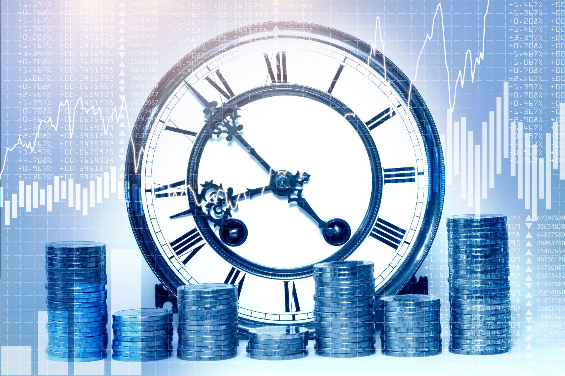 stock market concept,time is money concept,stack of coins and clock stock market concept,time is money concept,stack of coins and clock